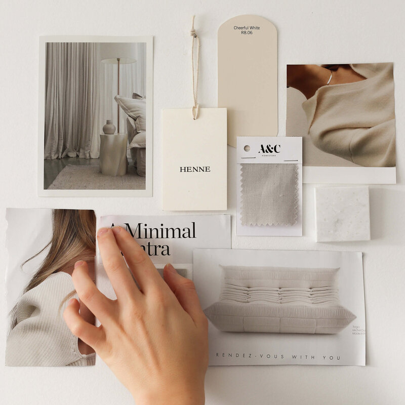 Neutral-toned mood board showcasing brand design and creative direction elements, including fabric swatches, lifestyle imagery, and minimalist textures—an intentional layout for visual branding inspiration.