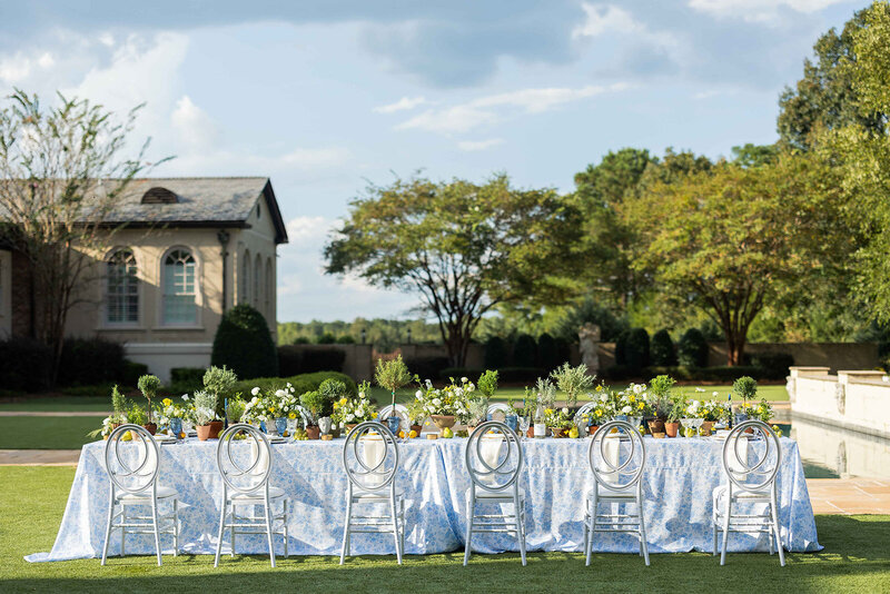 Table arrangement at wedding reception at Alabama outdoor wedding venue