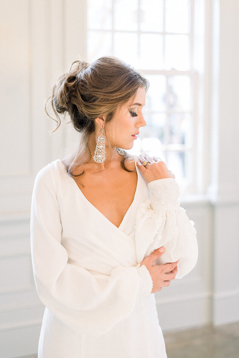  milly v neck wedding dress with full long sleeves - edith elan