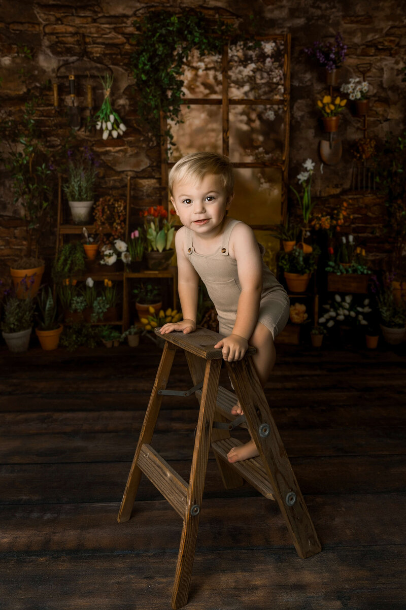 Spring photo of a little boy standing on a ladder in an Erie Pa photography studiod