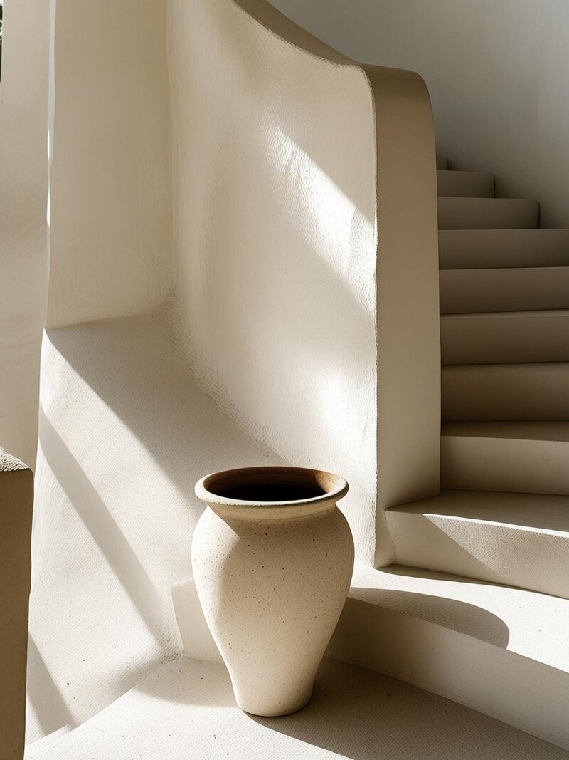 2light beige stone stairs. Beige large flower pot without flowers. the sun is casting shaddows and light