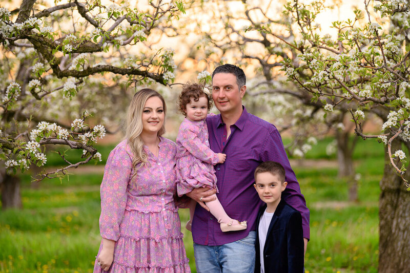 Mom and dad standing with their son and daughter leaning against a white ladder in a cherry blossom field for their Spring family photos in Burlington, On