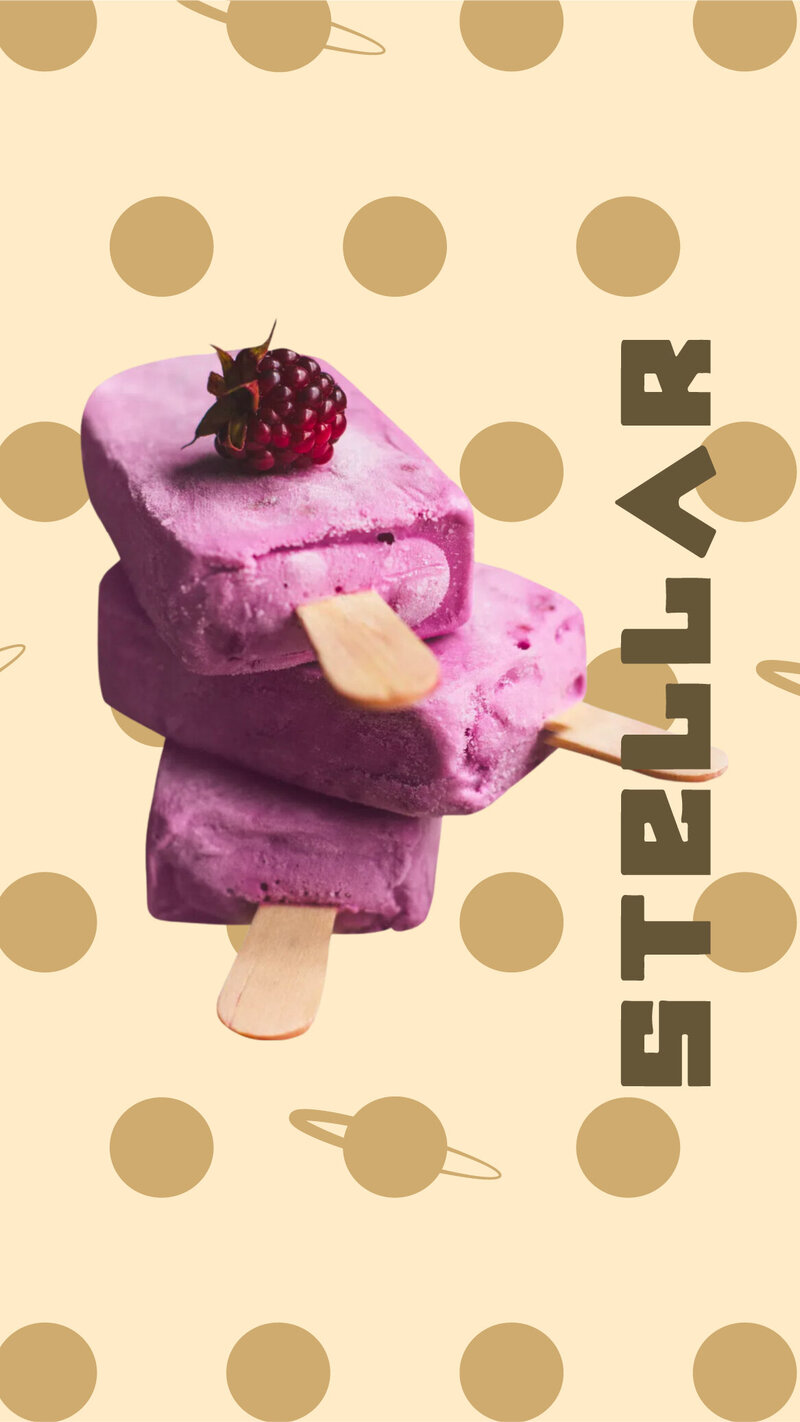 three bright purple ice cream bards stacked on top of each other with the logo for stellar desserts
