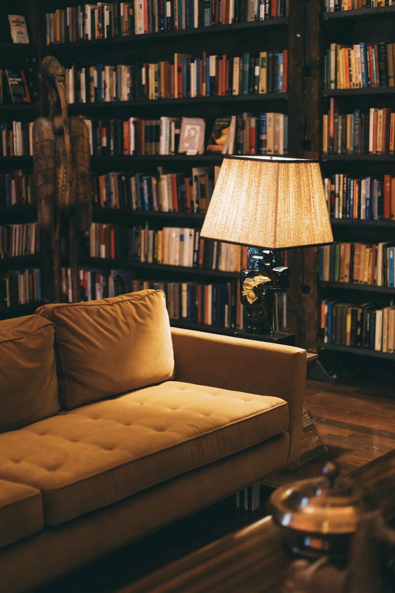 Gold couch in library