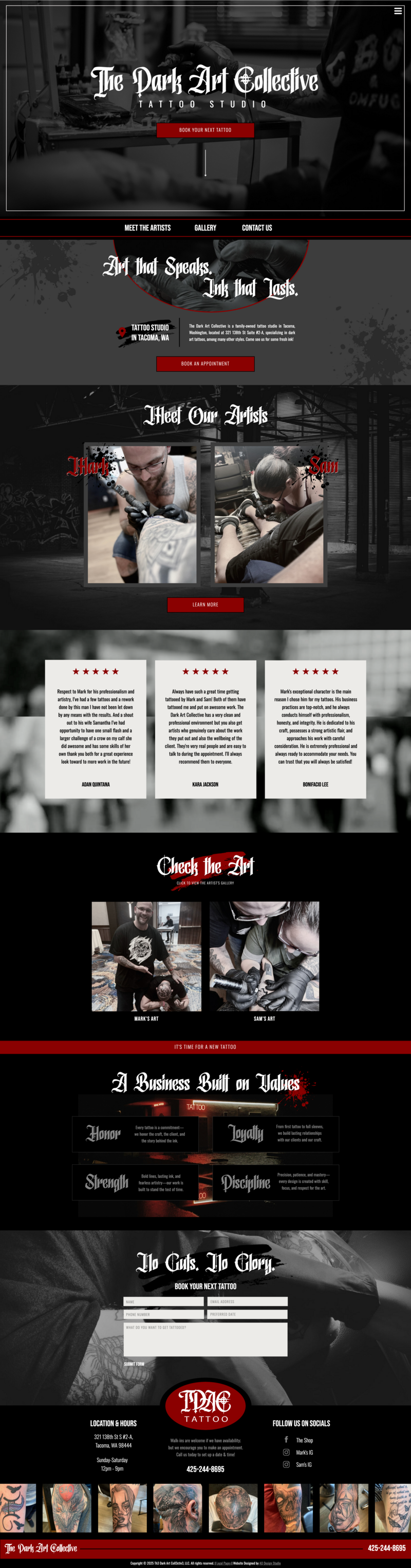 Featured website design project for The Dark Art Collective in Tacoma, Washington created by AQ Design Studio