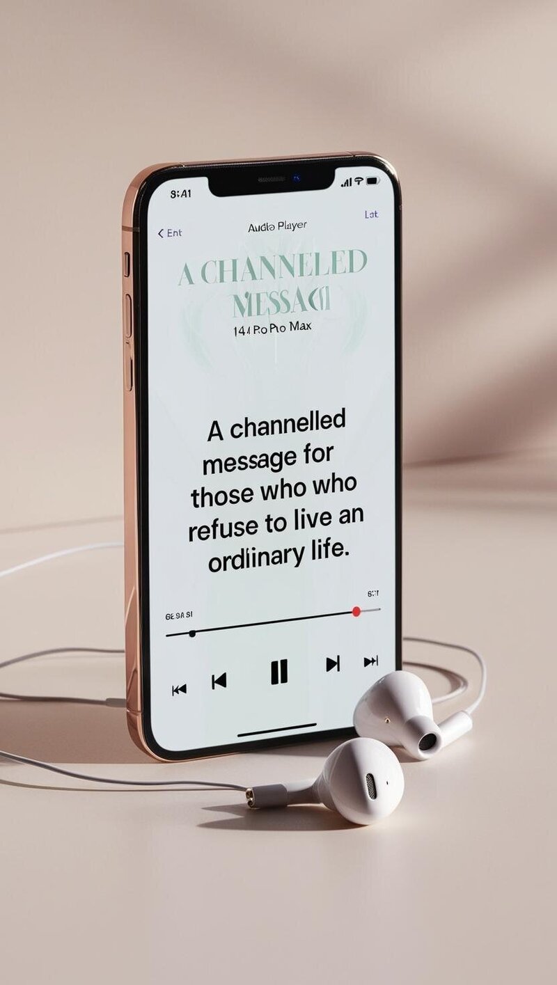 i would like to create an image that is an audio playing on an iPhone with ear buds with the text 'a channeled message for those who refuse to live an ordinary life' (1)
