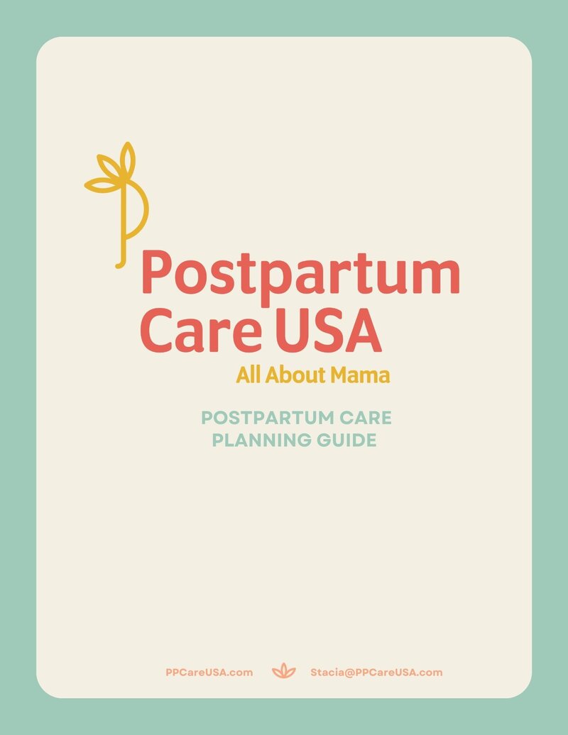 white cover with a blue outline that says "Postpartum Care of Indiana. All about mama. Postpartum Care Planing Guide"