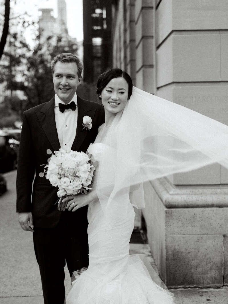 classic black and white bride and groom portrair