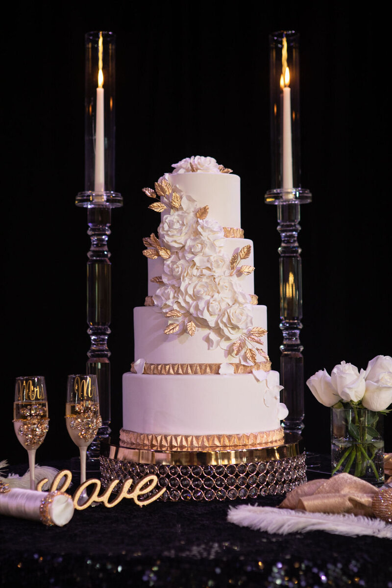 Luxury wedding cake at a high-end Raleigh wedding reception, designed by a top wedding planner.