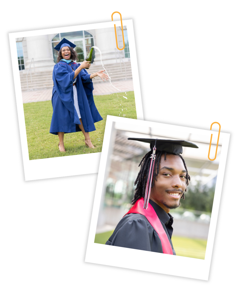 High school senior pictures of two recent graduates wearing blue cap and gown, captured in Dallas, TX