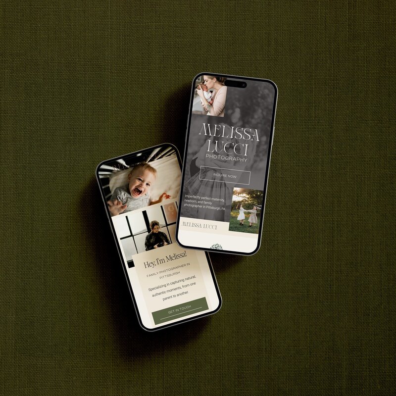 Two smartphones display a photography website. One phone shows the homepage with "Melissa Lucci Photography," while the other features a bio section with a photo of a child and text introduction. The sleek design hints at the finesse of an expert photography website designer behind it all.