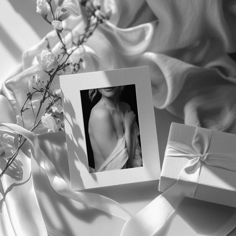 Luxury female portrait with elegant box and flowers
