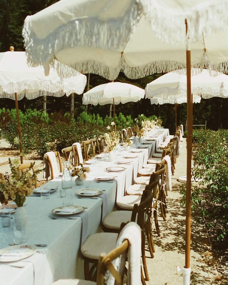 Parasols and table settings at a Baby shower by Eugene wedding and event planners Birdie June Events and Rentals.
