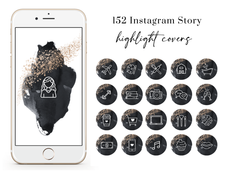 Instagram Story Highlight Icons - Watercolor Instagram Icons, Black Instagram Highlight Covers