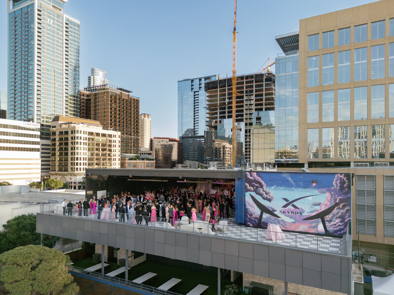 Pink wedding reception on rooftop venue in downtown Austin, Texas
