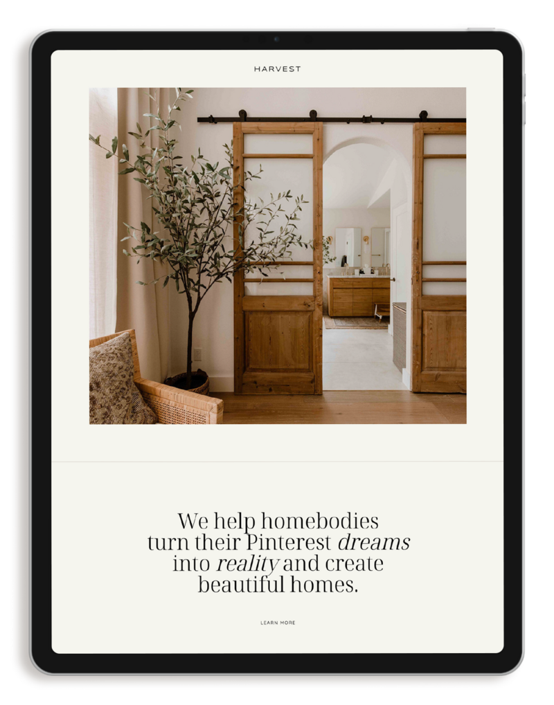 iPad mockup of Harvest website with white and airy interior with words for a Pinterest services coach.