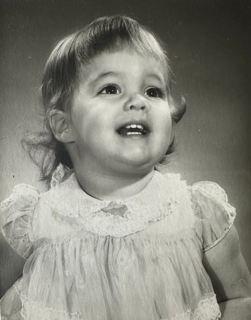 Black and white portrait of Barb Drummond as a baby girl