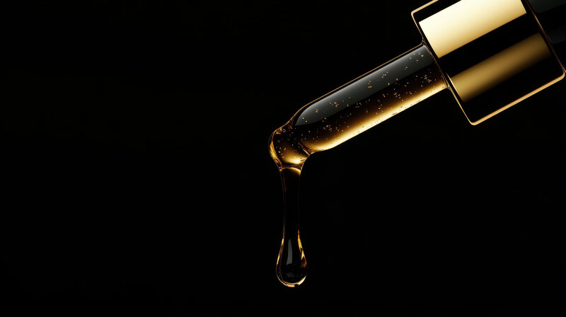 Golden oil drops out of an oil dropper with a black background