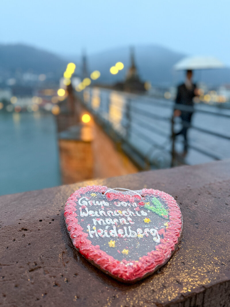Heidelberg Germany rainy bridge with cookie and man walking with umbrella 