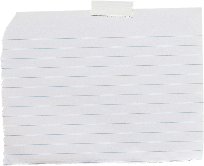 A short piece of lined paper torn from a notebook and taped to the page