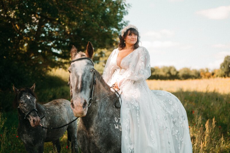 Cowgirl Bride on horseback on her wedding day captured perfectly in her untraditional wedding film.
