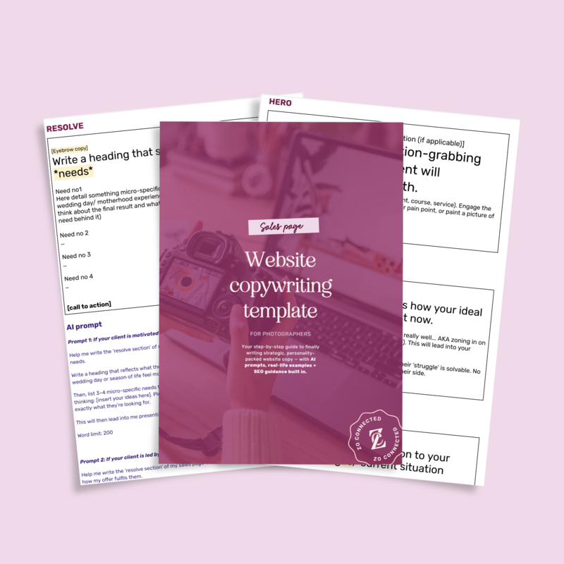 Sales page copywriting template FOR PHOTOGRAPHERS with AI prompts - google doc template + canva template