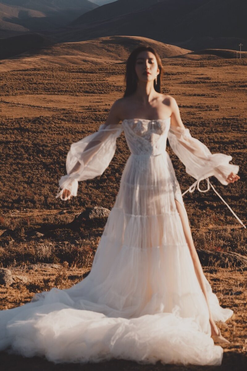 A bride photographed in the golden evening light in a wild field with. mountains in the background.