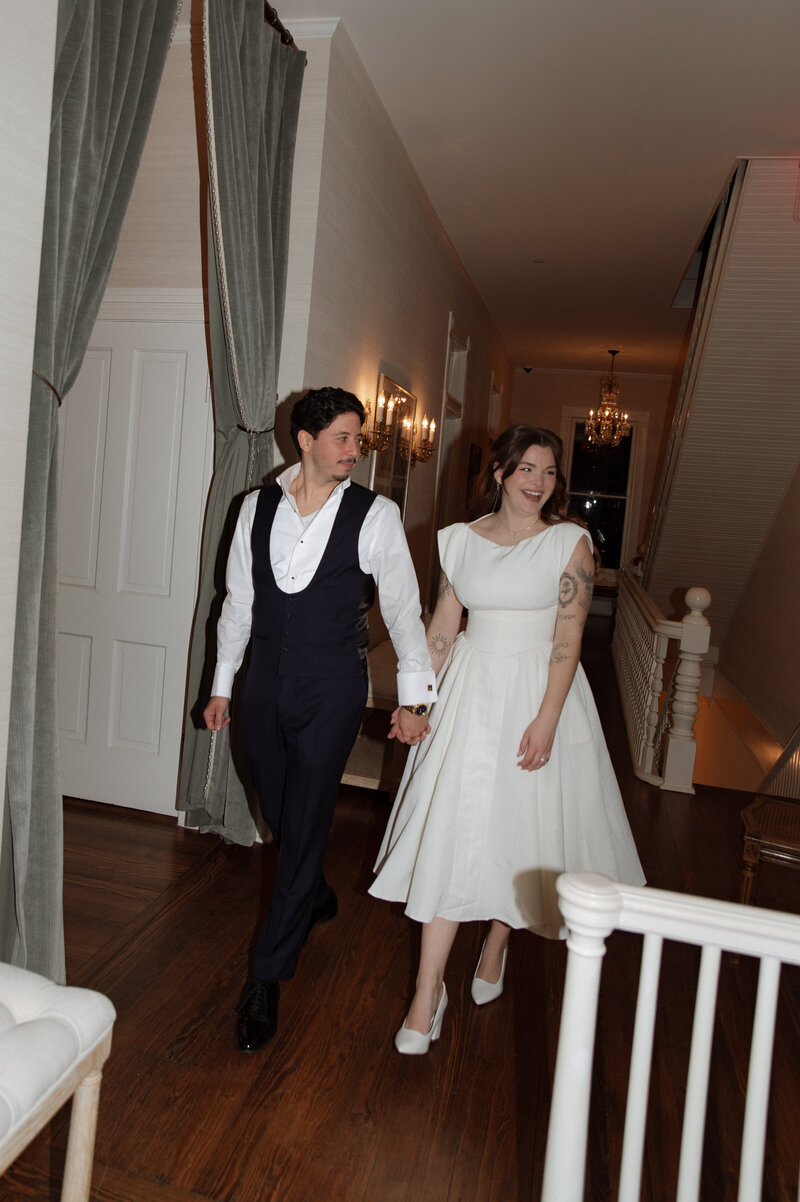 romantic blurry photo of bride and groom walking