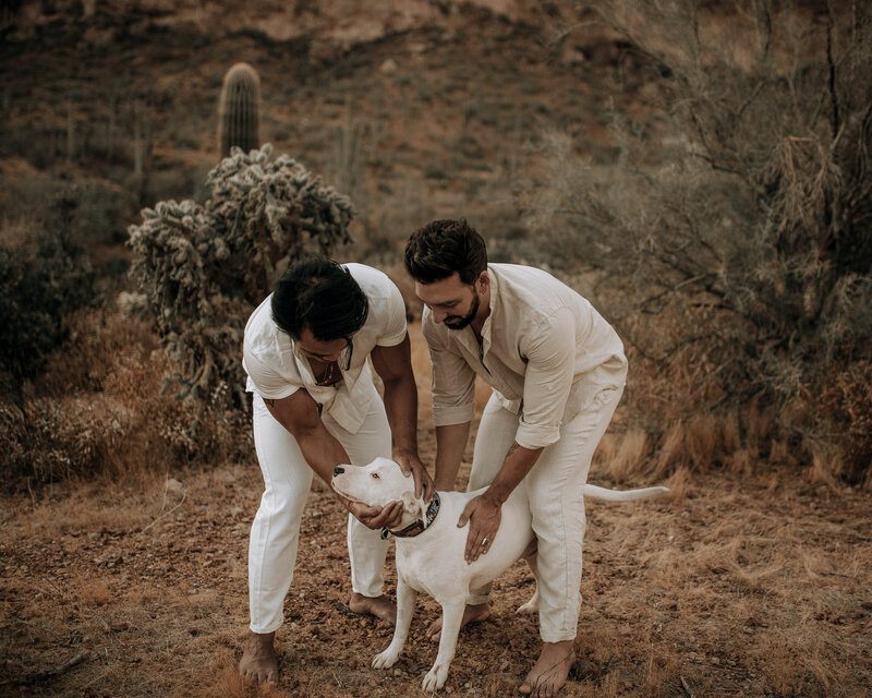 lagbtq+ couple with their dog for their engagement session in the arizona desert