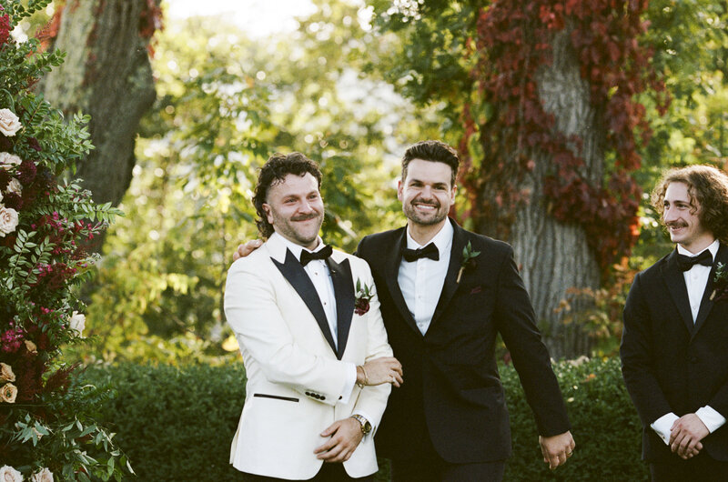 Groom crying as he sees his bride come up the aisle at Boscobel House & Gardens, shot on 35mm film