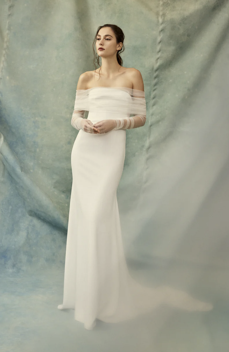 Strapless Crepe Sheath Gown With Draped Tulle Off-The-Shoulder Neckline And Detachable Sleeves