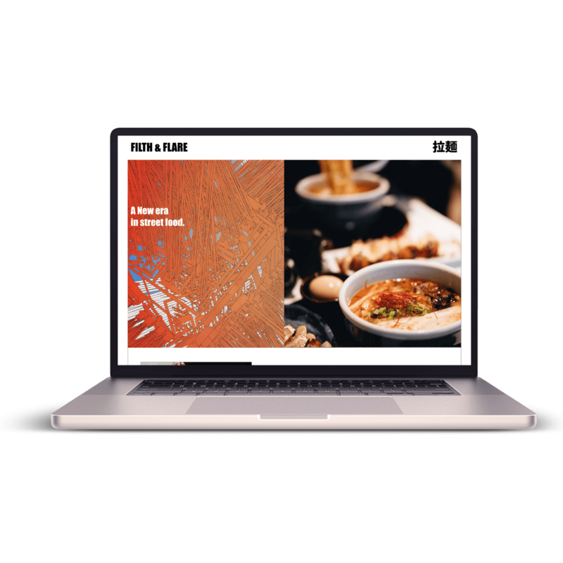 Image of a Ramen Restaurant Idea on a laptop with the homepage displayed showing a ramen bowl and geometric design, saying Filth & Flare