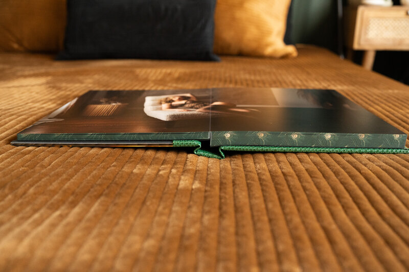 photo album laid flat with  green peaccock edges