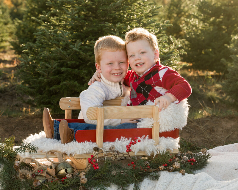 Two brothers sitting happily in a festive Christmas sled during a mini session in Greater Philadelphia, perfect for holiday memories.