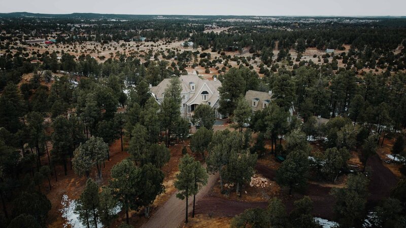 Ground view of a gorgeous stone chateau in a forest. 