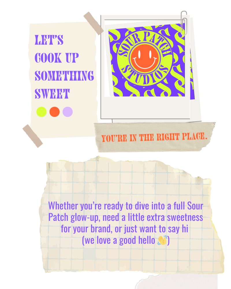 Creative workspace with laptop and Sour Patch Studios notebook