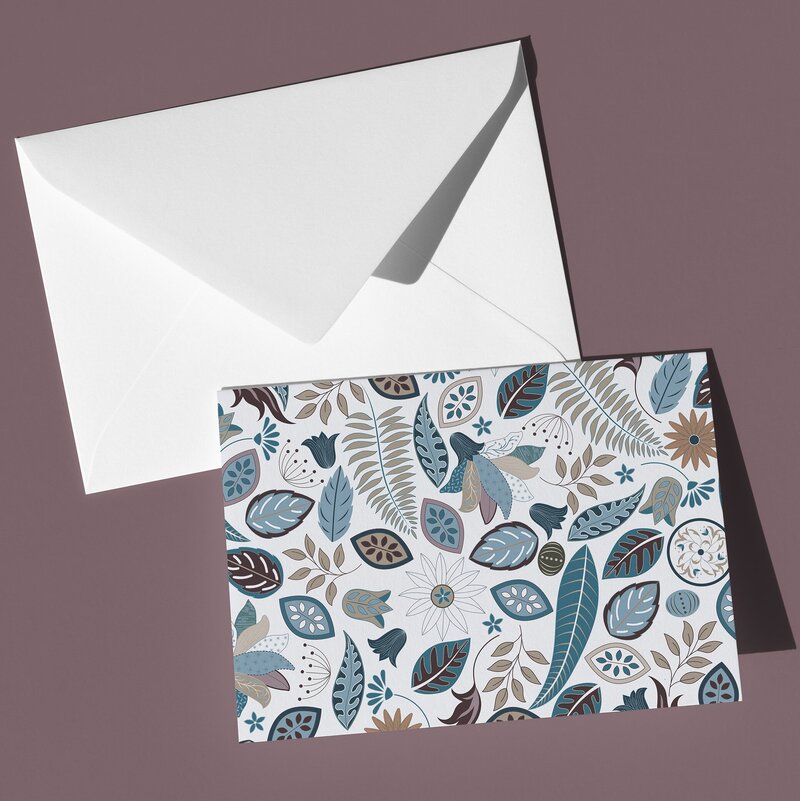 These A6 blank cards are perfect for sending a thoughtful note or simply keeping in your stationery drawer for special moments. Each card showcases a unique hand-drawn design - patterned leaves and flowers. - by Green Acre Designs.