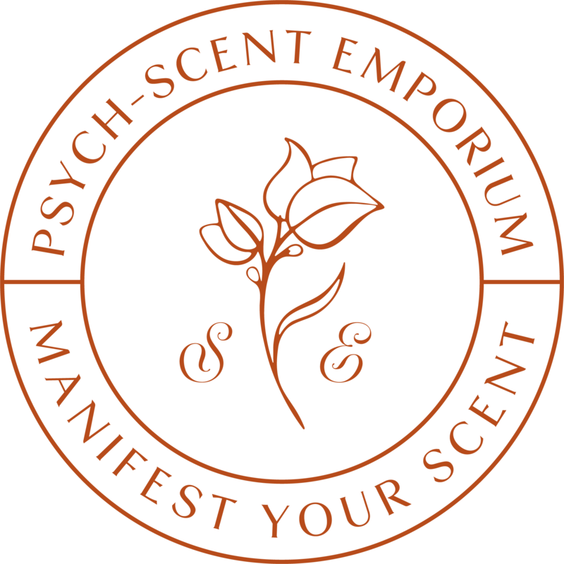Circular logo with words "Psych-Scent Emporium" and a simple floral illustration