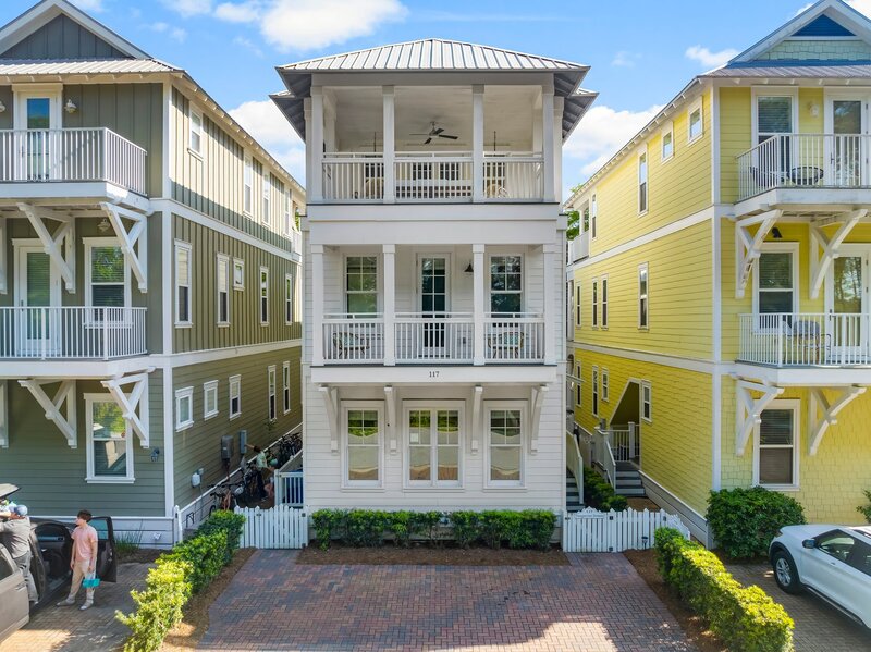 Front exterior of Tangerine Dream, a luxury 3-story vacation rental in Carillon Beach near Panama City Beach and 30A.