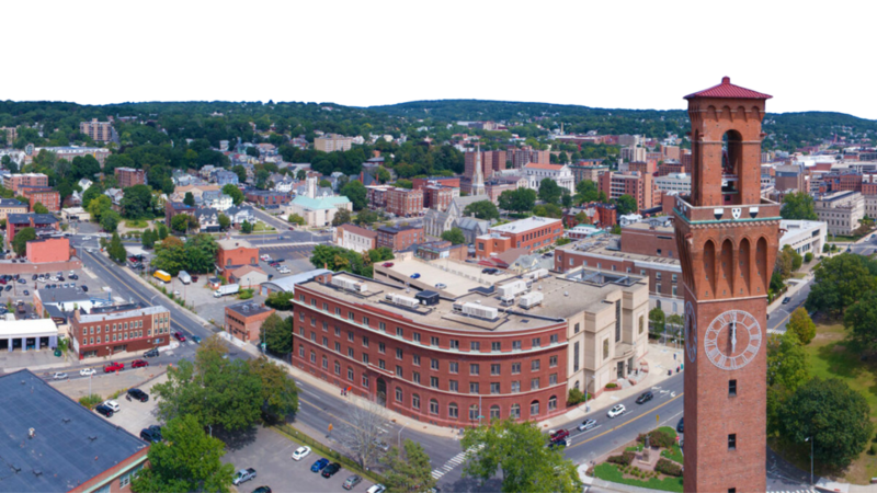 Aerial image of the Clock Tower and Courthouse in Waterbury, Connecticut.