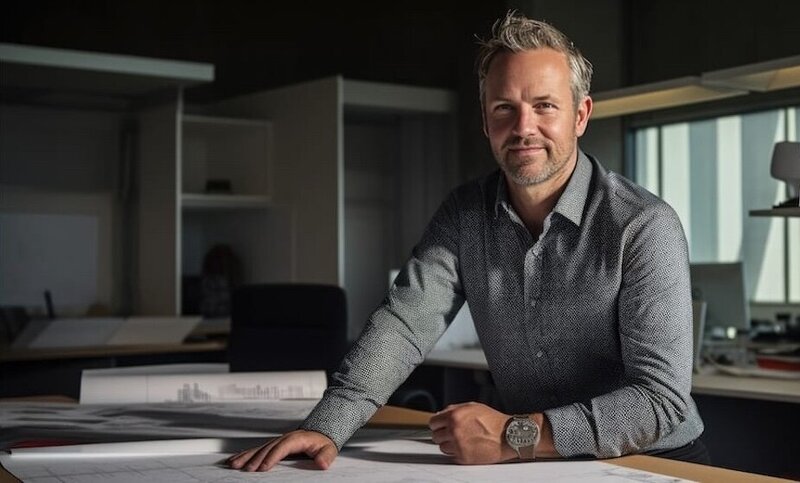 smiling male architect in gray with plans