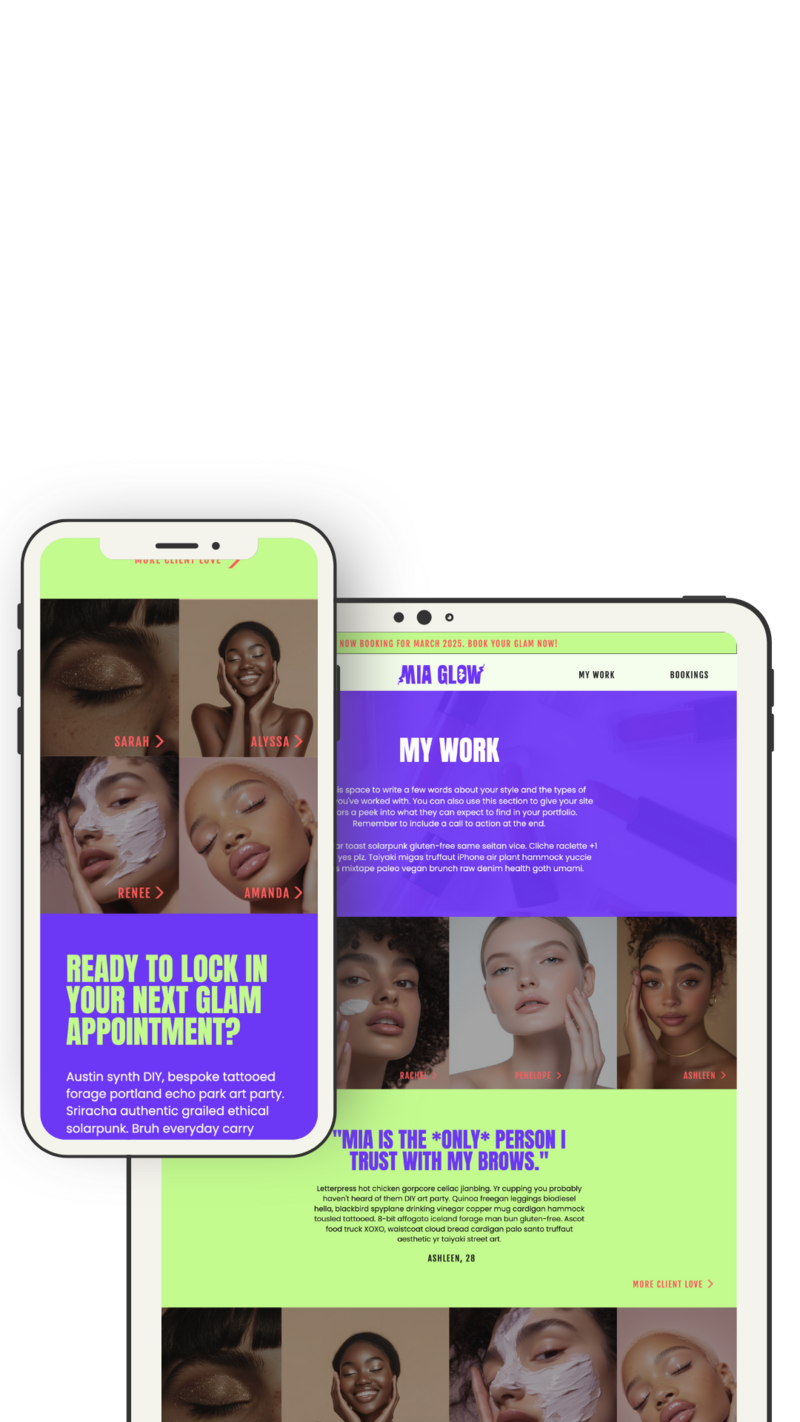 A mockup of a Showit website template designed by Mighty Bean Co.