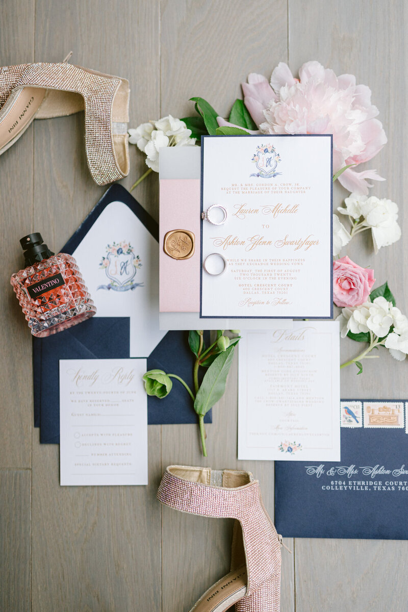 Swank Soiree Dallas Wedding Planner Lauren and Ashton at the Crescent Hotel - wedding invitations and rings