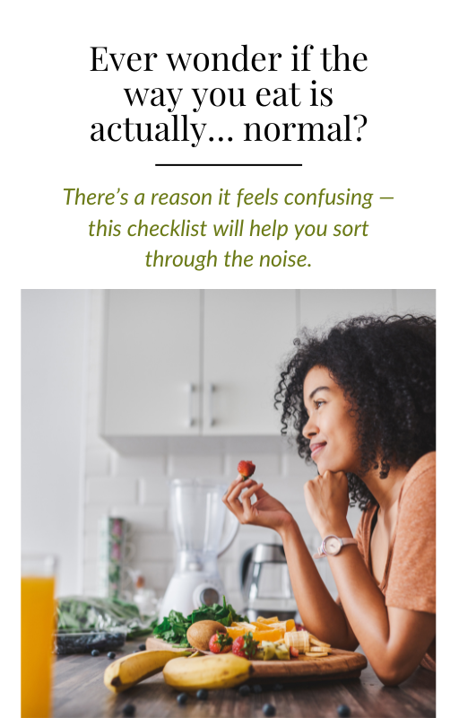 Free checklist offer from Rooted & Nourished Psychotherapy shown on a tablet screen with text inviting readers to explore gentle questions about disordered eating patterns and common food behaviors