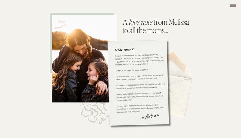 A mother stands in a sunlit field hugging her two children, with an adjacent letter addressed to moms, expressing love and appreciation. The letter is signed by Melissa. An envelope is visible behind the letter, featuring branding and website design that makes heartfelt moments unforgettable.