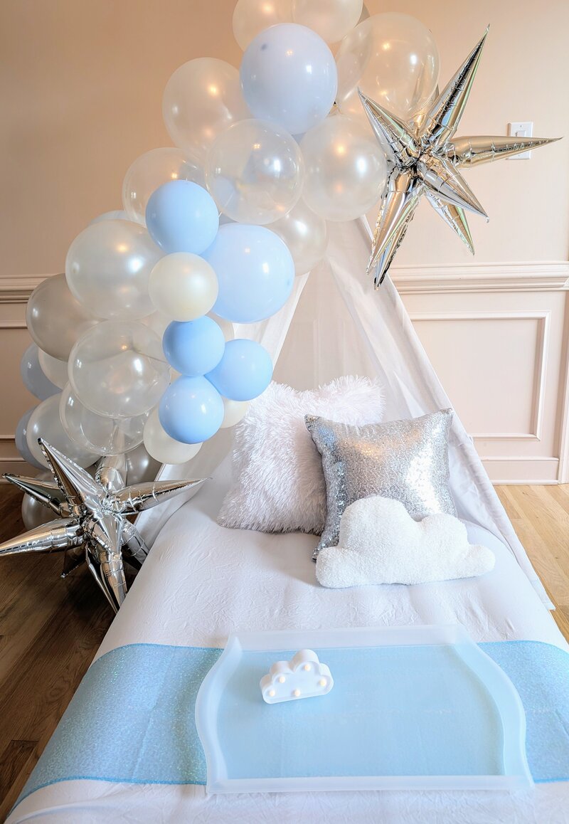 Elegant teepee camping-style slumber party setup – Pink Door Parties RVA, Virginia