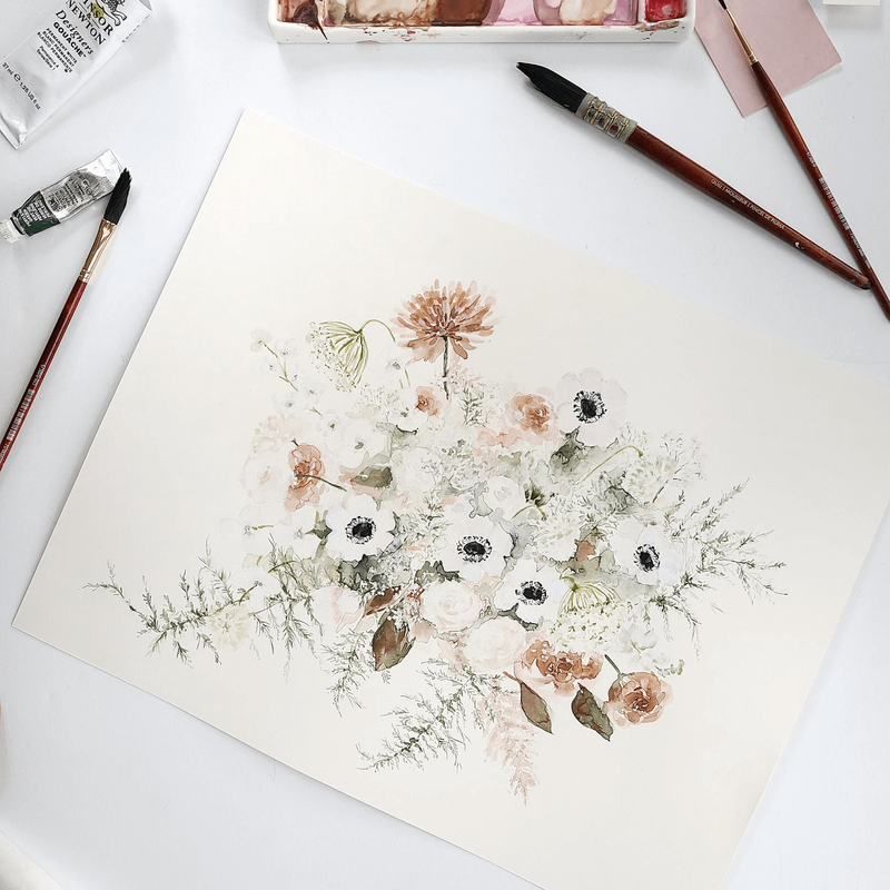 Commissioned watercolor painting of a bridal bouquet by Kate Nelson Art