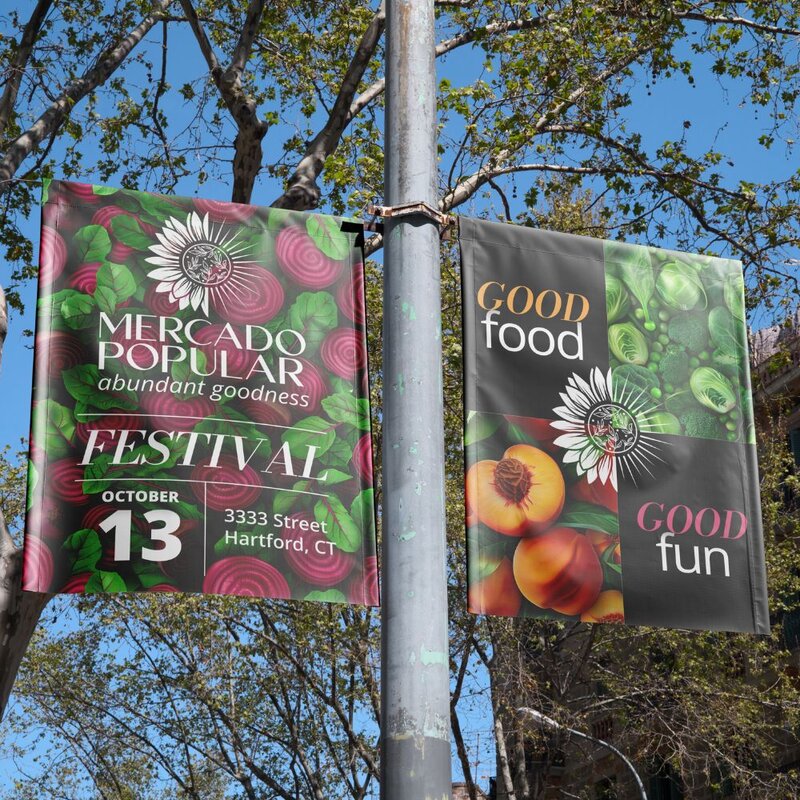 Festival sign with Mercado Popular as a featured sponsor in Hartford, CT