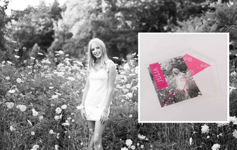 Senior portraits in a field and a coordination custom graduation invitations