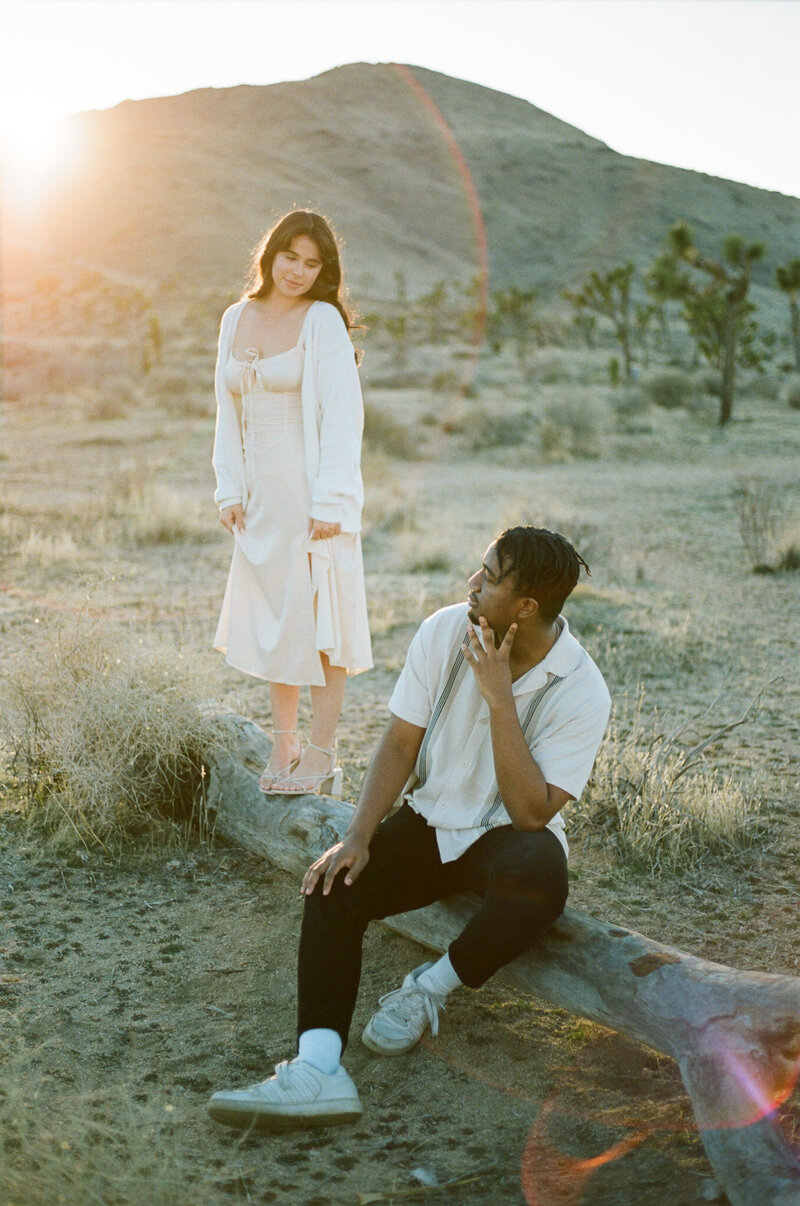 Engagement photo at Joshua Tree National Park captured by Southern California film wedding photographer 